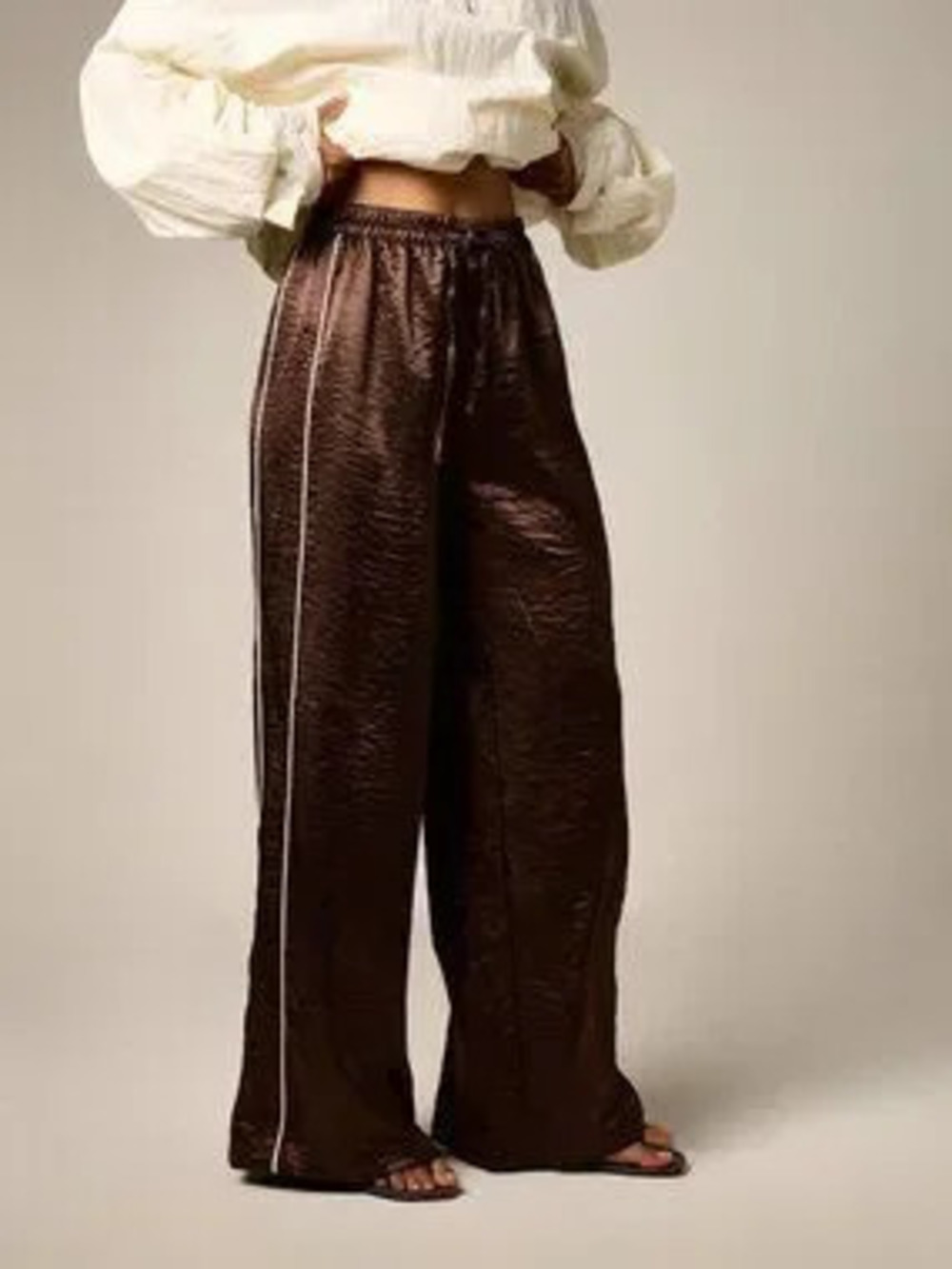 Brown Party Women's Drawstring Contrast Piping Loose Extra Long Wide Low Pants